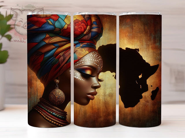 Elegant Afrocentric Woman Tumbler, Canvas Artistic Theme, Afrocentric Wrap, Vibrant Cultural Design, Seamless Tribal Motif, Empowered Feminine Print, Bold Modern Style, Inspirational Chic Glow, 20Oz Tum Sublimation Lara' s Designs 