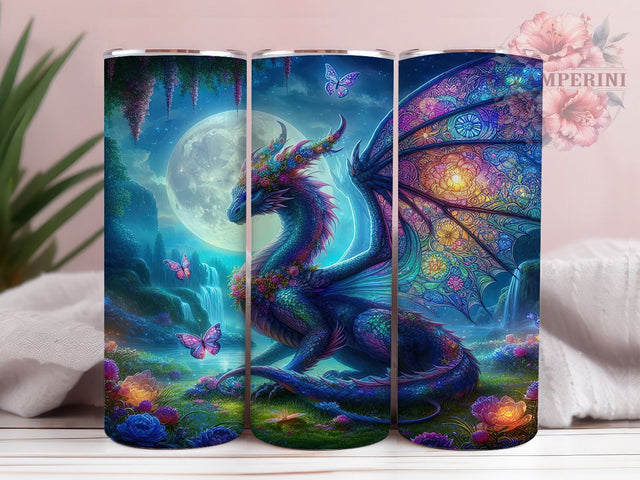 Elegant Black Dragon Wildflower Tumbler, Seamless Dragon Wrap, 20oz Tumbler Sublimation, Floral Dragon Design, Dark Fantasy Dragon Art, Mythical Wildflower Creature, Elegant Dragon With Flowers Sublimation Li Zamperini 