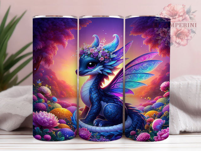 Elegant Black Dragon Wildflower Tumbler, Seamless Dragon Wrap, 20oz Tumbler Sublimation, Floral Dragon Design, Dark Fantasy Dragon Art, Mythical Wildflower Creature, Elegant Dragon With Flowers Sublimation Li Zamperini 