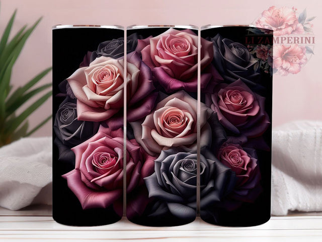 Elegant Black Pink Roses Tumbler, Pink Roses, Quilled Paper, Sublimation Art, 20oz Tumbler, Elegant Wrap, Floral Design Sublimation Li Zamperini 