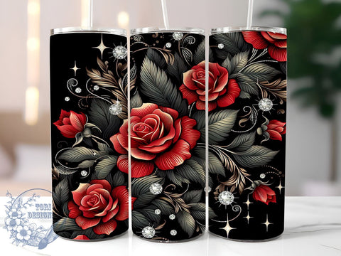 Elegant Black & Red Rose Tumbler, Black and Red Tumbler, Diamond Roses Wrap, 3D Tumbler Design, 20oz Tumbler, Rose Decor, Elegant Drinkware, Floral Sublimation Design Sublimation ToriDesigns 