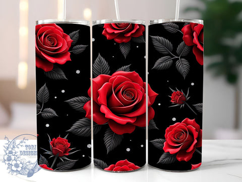 Elegant Black & Red Rose Tumbler, Black and Red Tumbler, Diamond Roses Wrap, 3D Tumbler Design, 20oz Tumbler, Rose Decor, Elegant Drinkware, Floral Sublimation Design Sublimation ToriDesigns 