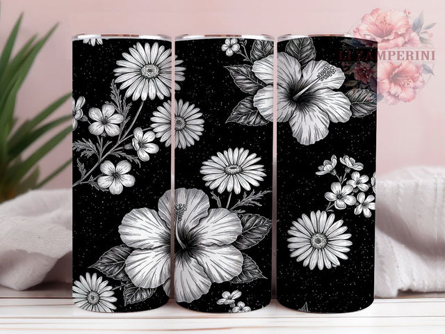 Elegant Black & White Floral Tumbler, Black And White Tumbler, Elegant Flower Tumbler, 20oz Sublimation Wrap, Monochrome Tumbler Design, Vintage Floral Cup, Aesthetic Tumbler Sublimation Li Zamperini 