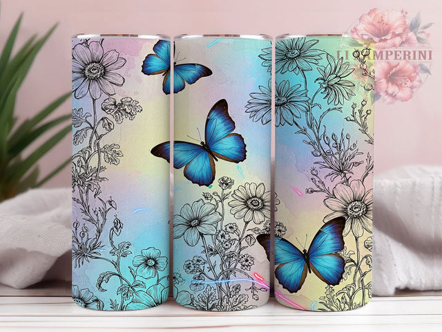 Elegant Blue Butterfly Tumbler, Floral Tumbler Wrap, 20oz Skinny Tumbler Design, Butterfly Sublimation PNG, Blue Floral Tumbler, Sublimation Tumbler Wrap, Elegant Butterfly Tumbler Sublimation Li Zamperini 