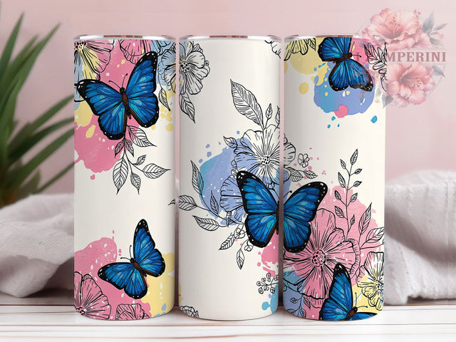 Elegant Blue Butterfly Tumbler, Floral Tumbler Wrap, 20oz Skinny Tumbler Design, Butterfly Sublimation PNG, Blue Floral Tumbler, Sublimation Tumbler Wrap, Elegant Butterfly Tumbler Sublimation Li Zamperini 