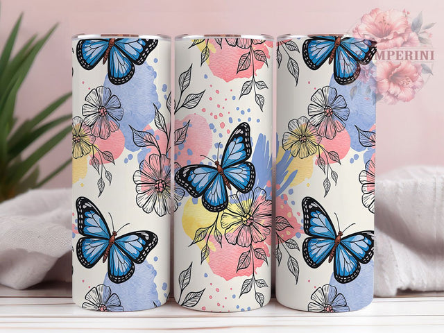 Elegant Blue Butterfly Tumbler, Floral Tumbler Wrap, 20oz Skinny Tumbler Design, Butterfly Sublimation PNG, Blue Floral Tumbler, Sublimation Tumbler Wrap, Elegant Butterfly Tumbler Sublimation Li Zamperini 
