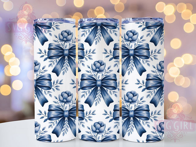 Elegant Blue Chinoiserie Bow Tumbler, Coquette Bow Pattern, Spring Floral Design, 20Oz Sublimation Wrap, Elegant Ribbon Art, Seamless Chinoiserie Texture, Tumbler Sublimation Sublimation SvggirlplusArt 