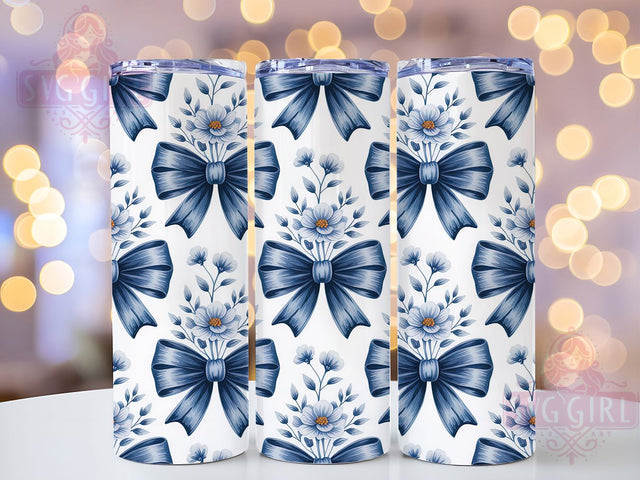 Elegant Blue Chinoiserie Bow Tumbler, Coquette Bow Pattern, Spring Floral Design, 20Oz Sublimation Wrap, Elegant Ribbon Art, Seamless Chinoiserie Texture, Tumbler Sublimation Sublimation SvggirlplusArt 