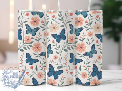 Elegant Blue Floral 20oz Tumbler, Floral Cup Wrap, Elegant Butterfly Design, Sublimation Tumbler Wrap, 20Oz Tumbler Design, Stylish Floral Cup, Nature Inspired Butterfly Wrap Sublimation ToriDesigns 
