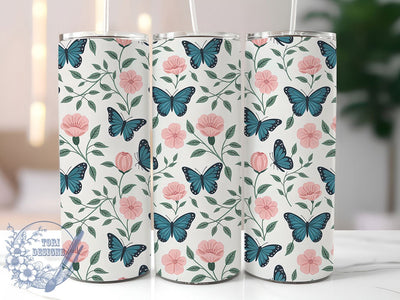 Elegant Blue Floral 20oz Tumbler, Floral Cup Wrap, Elegant Butterfly Design, Sublimation Tumbler Wrap, 20Oz Tumbler Design, Stylish Floral Cup, Nature Inspired Butterfly Wrap Sublimation ToriDesigns 