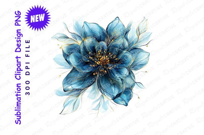 Elegant Blue Floral Illustration With Gold Accents And Decorative Leaves Sublimation Regulrcrative 