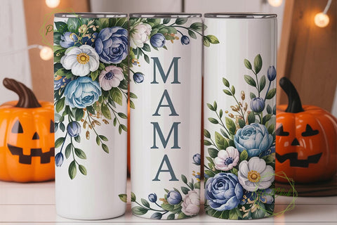 Elegant Blue Floral Mama 20oz Tumbler Sublimation PixelChick 