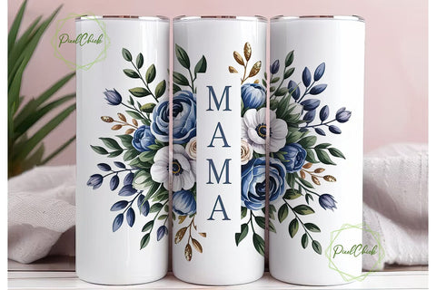 Elegant Blue Floral Mama 20oz Tumbler Sublimation PixelChick 