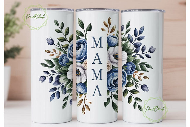 Elegant Blue Floral Mama 20oz Tumbler Sublimation PixelChick 