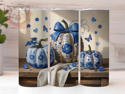 Elegant Blue Pumpkin Fall Tumbler Wrap, Blue And White Pumpkin Png, 20oz Skinny Tumbler, Grandmillennial Fall, Elegant Fall Tumbler, Sublimation Design Download, Ginger Jar Pumpkin Sublimation Lara' s Designs 