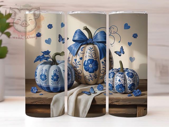 Elegant Blue Pumpkin Fall Tumbler Wrap, Blue And White Pumpkin Png, 20oz Skinny Tumbler, Grandmillennial Fall, Elegant Fall Tumbler, Sublimation Design Download, Ginger Jar Pumpkin Sublimation Lara' s Designs 