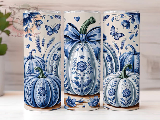 Elegant Blue Pumpkin Fall Tumbler Wrap, Blue And White Pumpkin Png, 20oz Skinny Tumbler, Grandmillennial Fall, Elegant Fall Tumbler, Sublimation Design Download, Ginger Jar Pumpkin Sublimation Lara' s Designs 