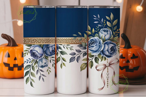 Elegant Blue Rose Gold Glitter Tumbler Sublimation PixelChick 