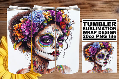 Elegant Calavera Tumbler Wrap – 20oz Watercolor Art Sublimation afrosvg 