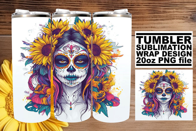 Elegant Calavera Wrap – 20oz Watercolor Tumbler Art Sublimation afrosvg 