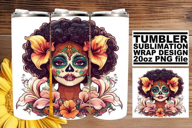 Elegant Calavera Wrap – 20oz Watercolor Tumbler Design Sublimation afrosvg 
