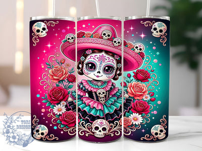 Elegant Catrina Rose Glow 20oz Tumbler, Catrina Motif, Elegant Theme, Rose Art Design, Glow Accent, Festive Charm, Sublimation Wrap, 20oz Tumbler Sublimation ToriDesigns 