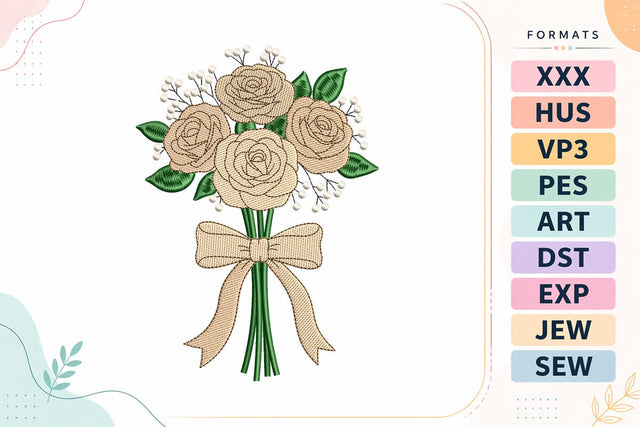 Elegant Cream Rose Bouquet with Bow Embroidery Design Embroidery/Applique DESIGNS sg embroidery 