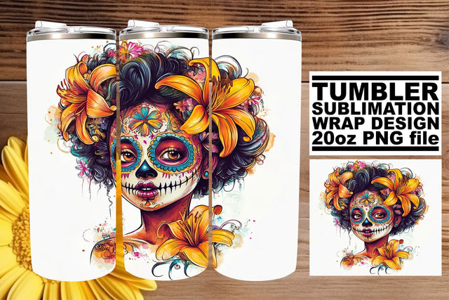 Elegant Day of the Dead Wrap – 20oz Watercolor Tumbler Sublimation afrosvg 
