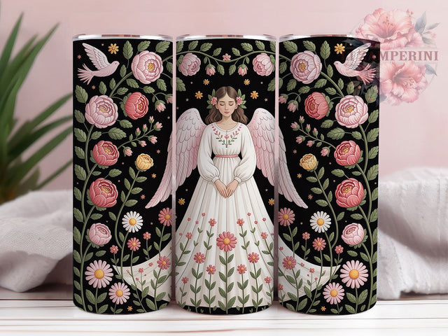 Elegant Embroidered Angel Tumbler, Spiritual Art, Heavenly Design, Sublimation Art, 20oz Tumbler, Elegant Wrap, Divine Theme Sublimation Li Zamperini 