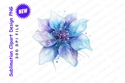 Elegant Fantasy Flower With Water Droplets In Blue And Purple Tones On A Gray Background Sublimation Regulrcrative 