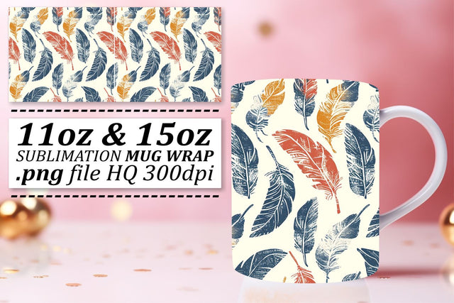 Elegant Feather Pattern Mug Sublimation: 11oz 15oz Vibrant Charm Sublimation afrosvg 