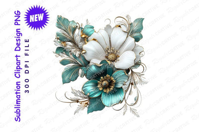 Elegant Floral Arrangement With White And Teal Flowers Golden Accents Beautiful Decorative Illustration Sublimation Regulrcrative 