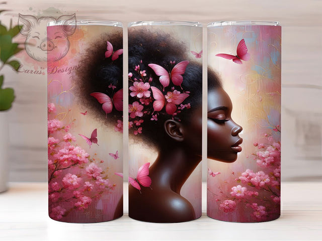 Elegant Floral Black Woman Tumbler, Pink Floral, Elegant Design, Empowerment Art, Stylish Theme, Tumbler Wrap, Sublimation Design Sublimation Lara' s Designs 