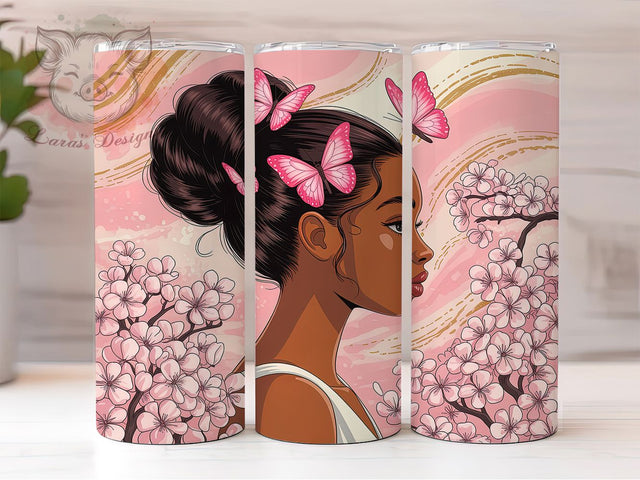 Elegant Floral Black Woman Tumbler, Pink Floral, Elegant Design, Empowerment Art, Stylish Theme, Tumbler Wrap, Sublimation Design Sublimation Lara' s Designs 