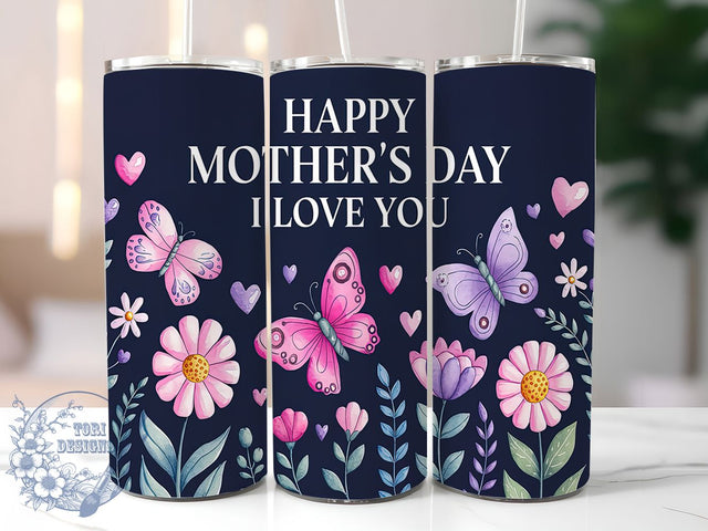 Elegant Floral Butterfly Mom Tumbler, Floral Butterfly Design, I Love You Mom Gift, 20oz Mother's Day Tumbler, Custom Mom Cup Wrap, Elegant Butterfly Tumbler, Sublimation Mom Quote Template Sublimation ToriDesigns 