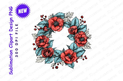 Elegant Floral Wreath Illustration Featuring Red Poppies Roses And Blue Leaves On A Gray Background Sublimation Regulrcrative 