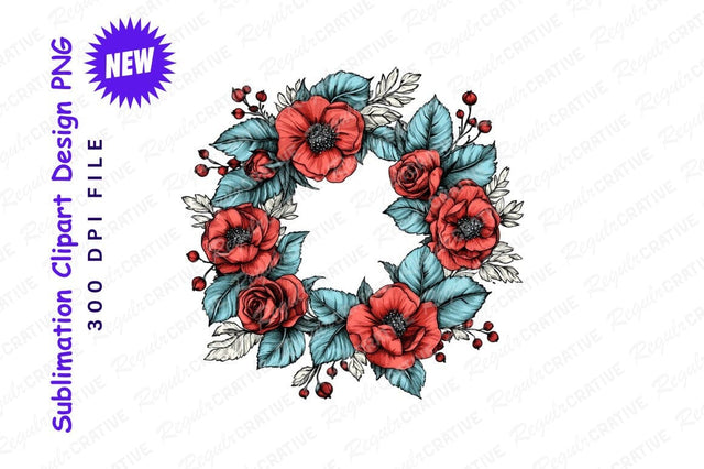 Elegant Floral Wreath Illustration Featuring Red Poppies Roses And Blue Leaves On A Gray Background Sublimation Regulrcrative 