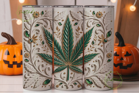 Elegant Gold Green Leaf Tumbler Wrap PNG Sublimation PixelChick 