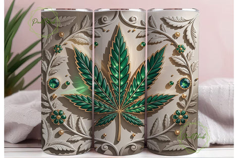 Elegant Gold Green Leaf Tumbler Wrap PNG Sublimation PixelChick 