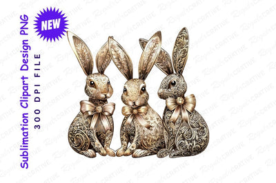 Elegant Golden Bunnies With Bows Clipart Png Sublimation Regulrcrative 