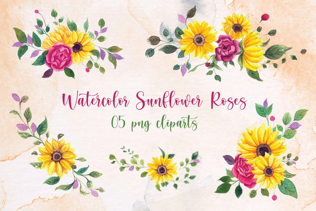 Elegant Hand-Painted Sunflower and Rose Clip Art Bundle Sublimation DIYCUTTINGFILES 