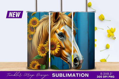 Elegant horse with sunflowers blue wooden background Sublimation Regulrcrative 