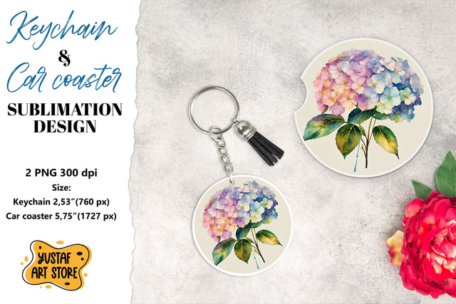 Elegant hydrangea Keychain & Car coaster sublimation. Sublimation Yustaf Art Store 