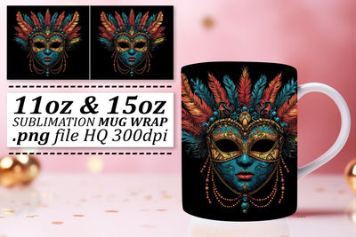 Elegant Masked Artistry: Mardi Gras Holiday Mug Wrap Sublimation afrosvg 