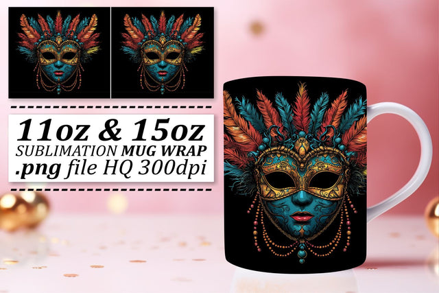 Elegant Masked Artistry: Mardi Gras Holiday Mug Wrap Sublimation afrosvg 