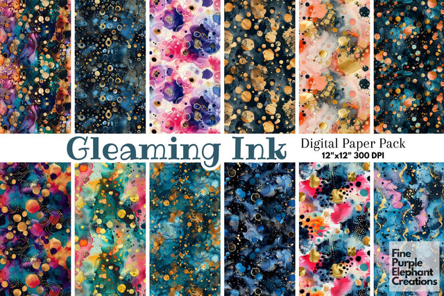 Elegant Metallic Gold Alcohol Ink Polka Dots Digital Paper - Shimmer Color Circle Glam Digital Pattern Fine Purple Elephant Creations 