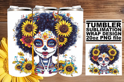 Elegant Muerta Woman Tumbler Wrap – 20oz Watercolor Design Sublimation afrosvg 