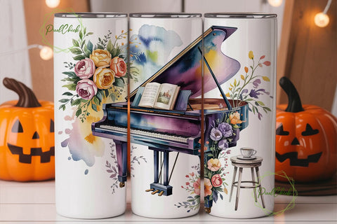 Elegant Piano Floral 20oz Tumbler Wrap Sublimation PixelChick 