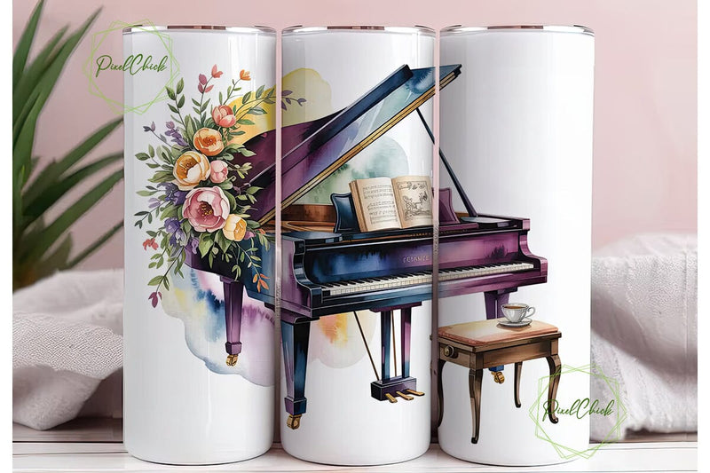 Elegant Piano Floral 20oz Tumbler Wrap Sublimation PixelChick 