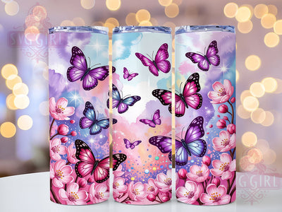 Elegant Pink Butterfly Floral Tumbler, Seamless Floral Pattern, Romantic Bloom Design, 20Oz Sublimation Wrap, Elegant Butterfly Art, Soft Flower Texture, Tumbler Sublimation Sublimation SvggirlplusArt 